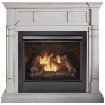 Lemyde Full Size Dual Fuel Ventless Gas Fireplace With Mantel – 32,000 BTU, Remote Control, Antique White Finish – Model# FDI32R-M-AW